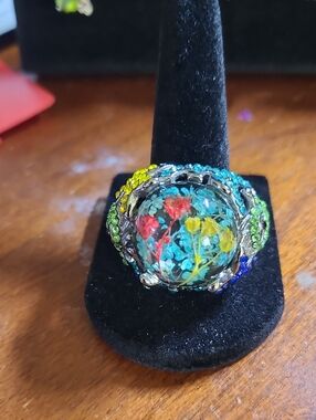 Multicolor Floral Resin Statement Ring Featuring Dried Flowers and Accent Stones